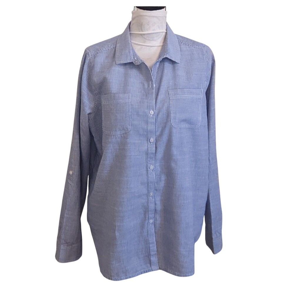EDEN & OLIVIA Women's Pinstripe Button Up Roll tab Sleeve Long Shirt L